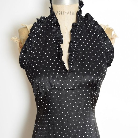 vintage 70s dress black satin STAR print ruffle long maxi prom party disco XS S - Picture 4 of 9